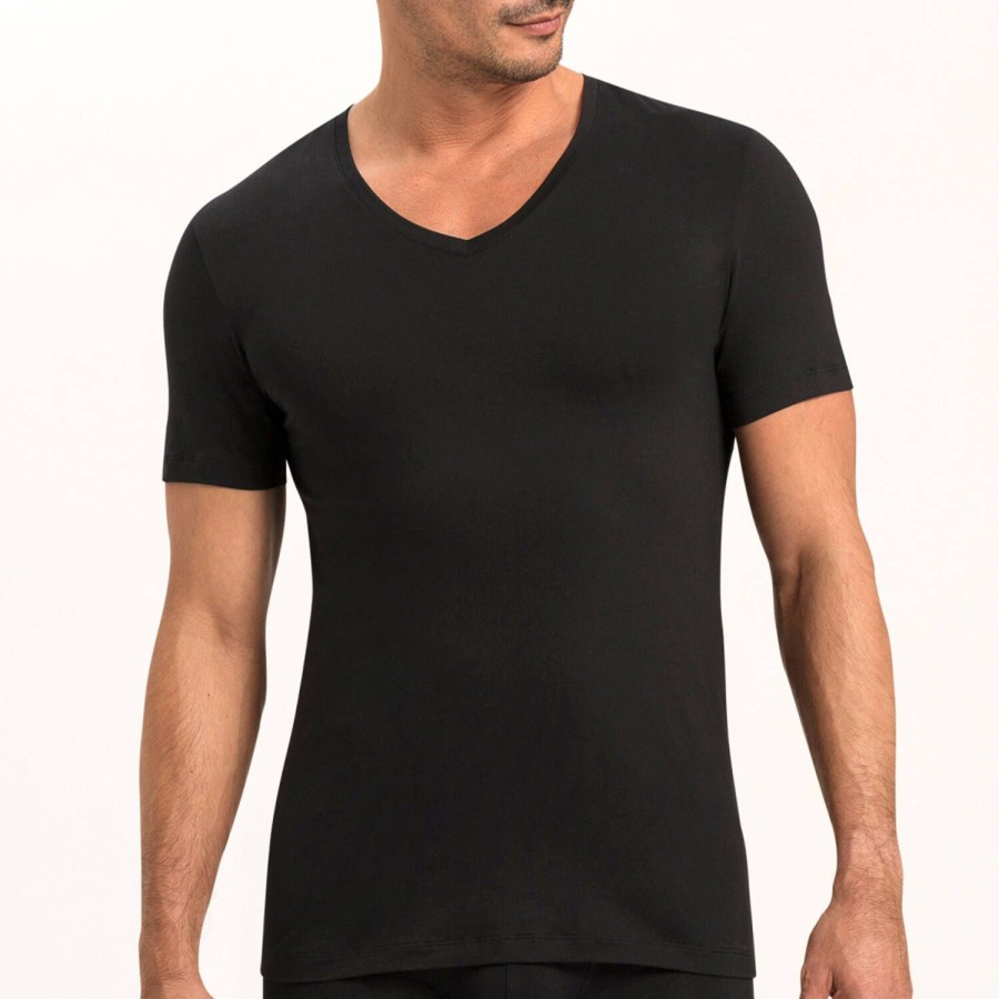 Homme Hanro T-Shirt Et Debardeur Homme | T-Shirt Col V Homme En Coton Noir