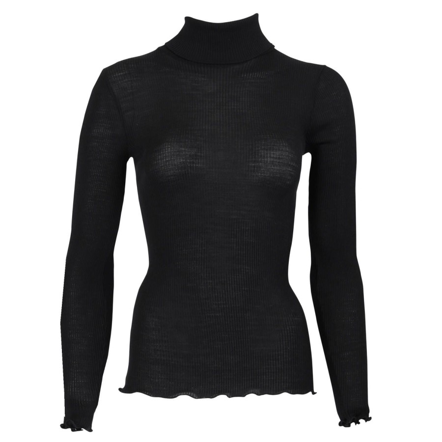 Lingerie De Nuit Oscalito | Pull Col Roule En Laine Merinos Et Soie Noir