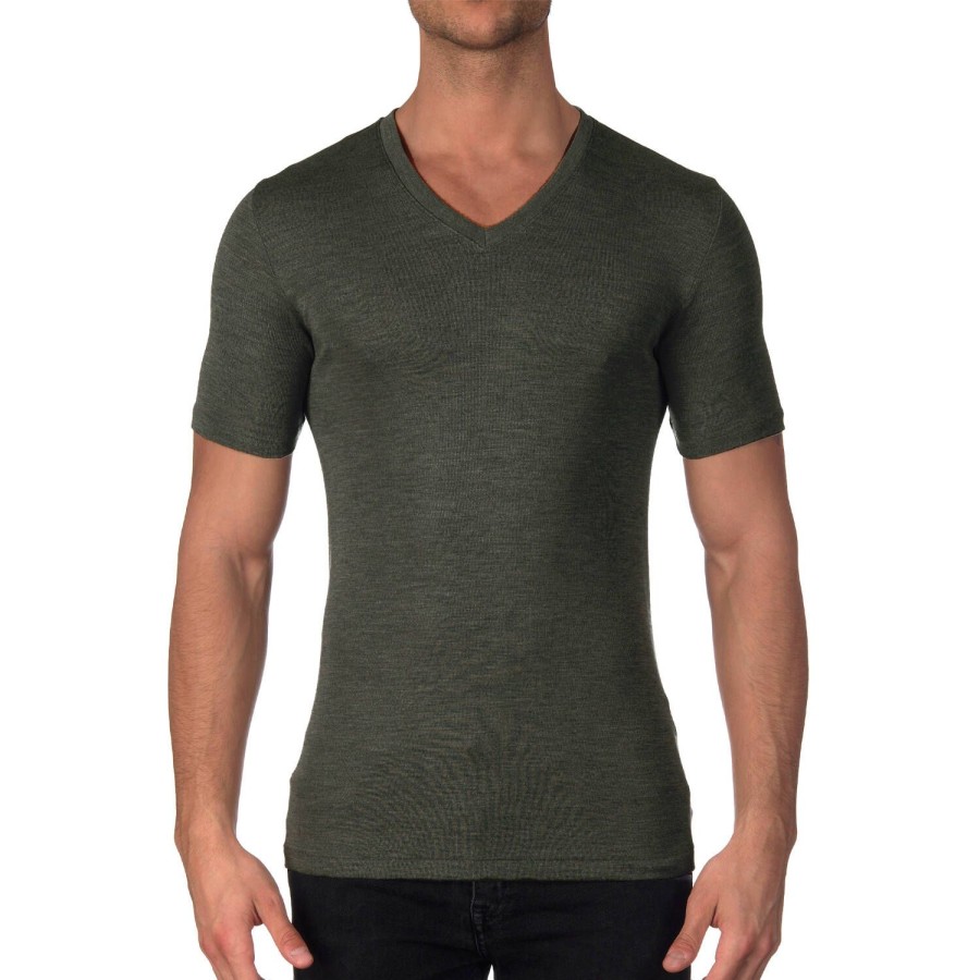 Homme Oscalito T-Shirt Et Debardeur Homme | T-Shirt Col V Homme En Laine Et Soie Dark Green