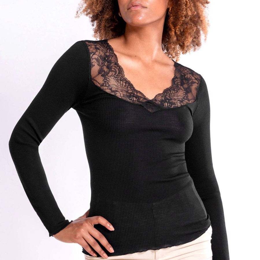 Lingerie De Nuit Oscalito | Pull Col V En Laine Merinos Et Soie Noir