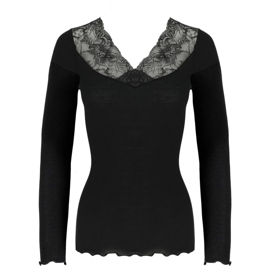 Lingerie De Nuit Oscalito | Pull Col V En Laine Merinos Et Soie Noir