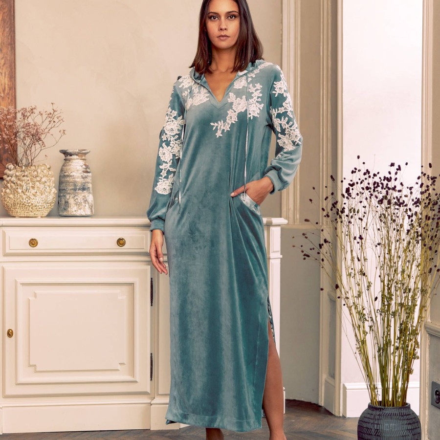 Lingerie De Nuit Marjolaine | Robe De Chambre En Velours Cedre/Ivoire