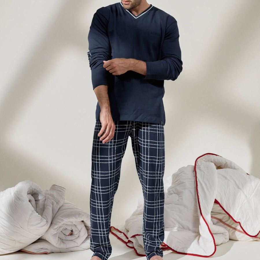 Homme Arthur Pyjama Homme | Pyjama Col V Homme En Coton Bleu Marine