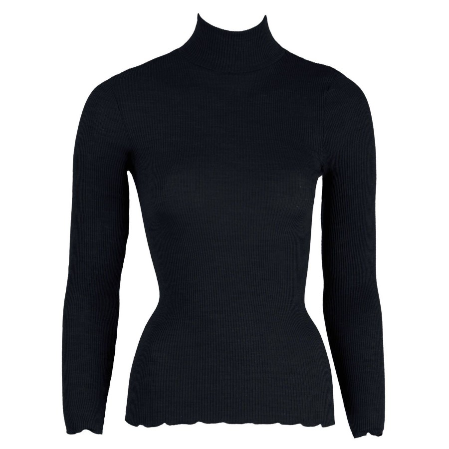 Lingerie De Nuit Oscalito | Pull Col Cheminee En Laine Merinos Et Soie Noir