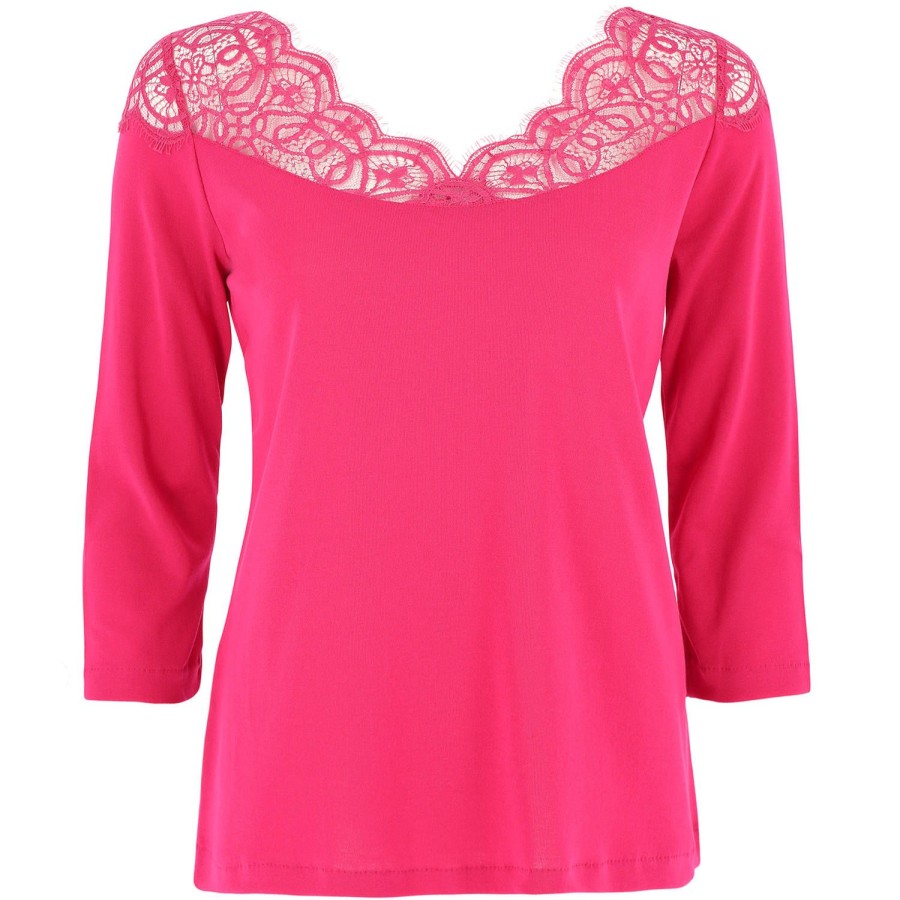 Lingerie De Nuit Oscalito | Top Manches 3/4 Decollete Dentelle En Coton Fuxia