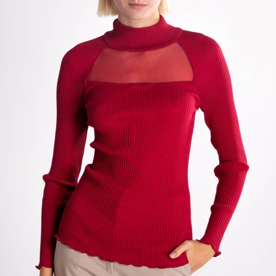 Lingerie De Nuit Oscalito | Pull Col Cheminee En Laine Et Soie Rosso