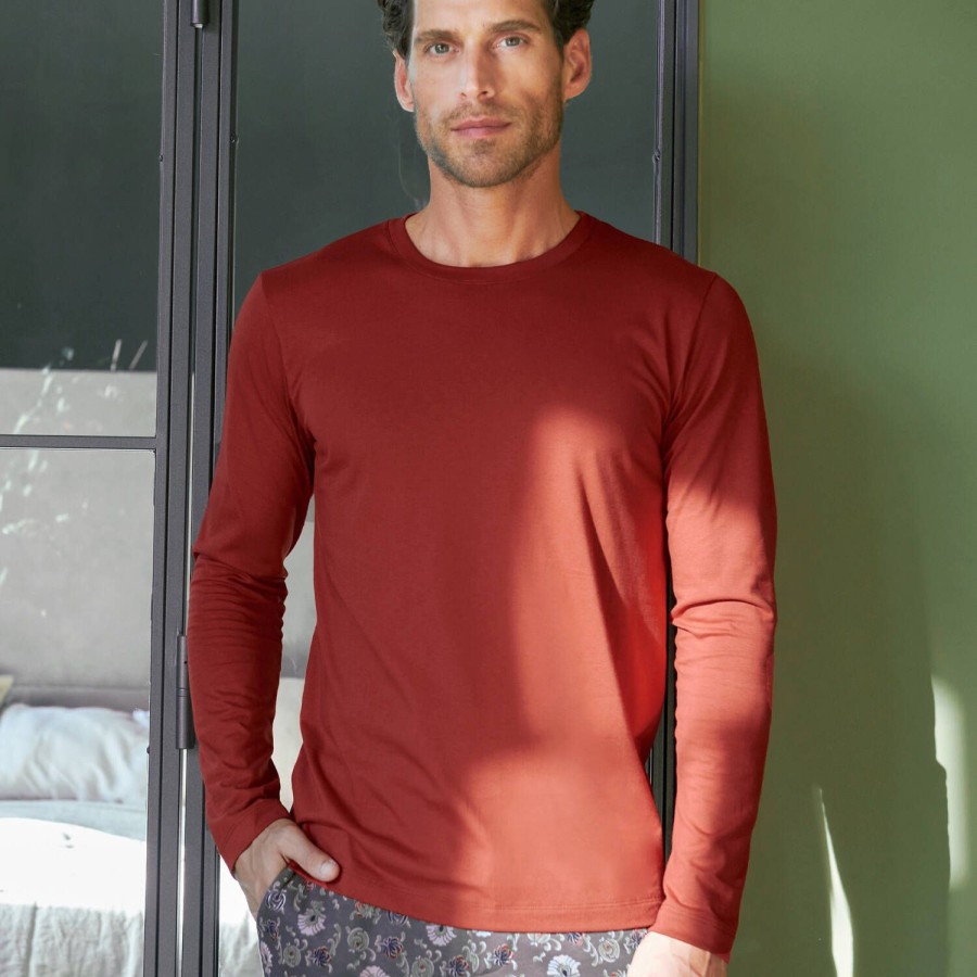 Homme Hanro T-Shirt Et Debardeur Homme | T-Shirt Manches Longues Homme En Coton Red Ochre