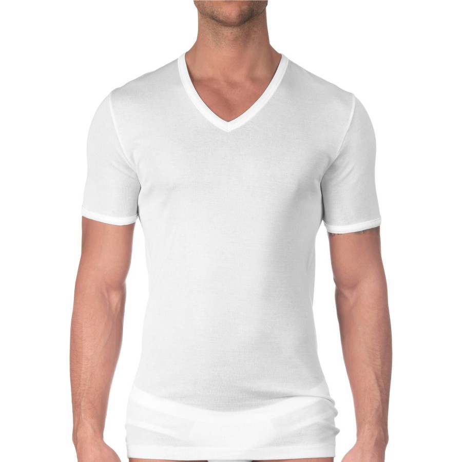 Homme Oscalito T-Shirt Et Debardeur Homme | T-Shirt Col V Homme En Coton Fil D'Ecosse Blanc