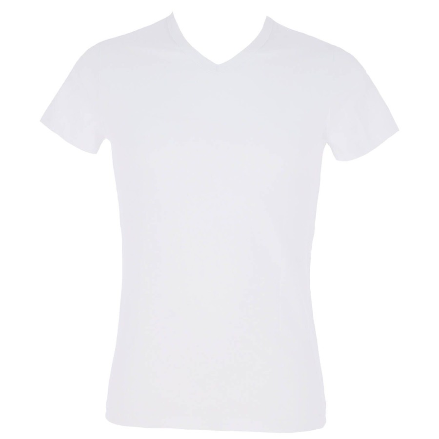 Homme HOM T-Shirt Et Debardeur Homme | T-Shirt Col V Homme En Coton Et Modal Blanc