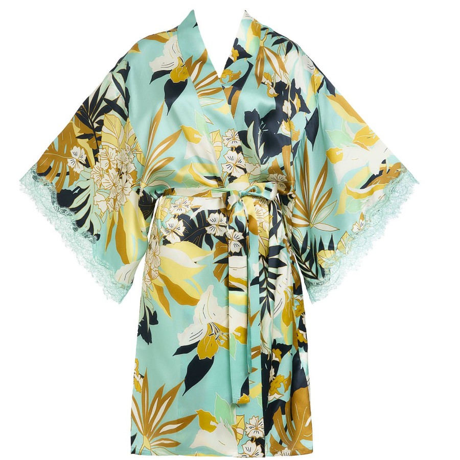 Lingerie De Nuit Sainted Sisters | Kimono En Soie Havana Tropical Turquoise