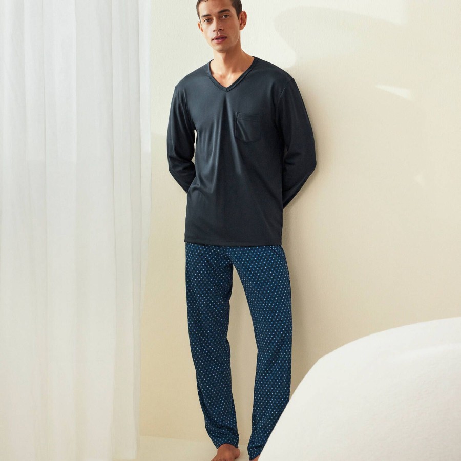 Homme Calida Pyjama Homme | Pyjama Col V Homme En Coton Dark Sapphire