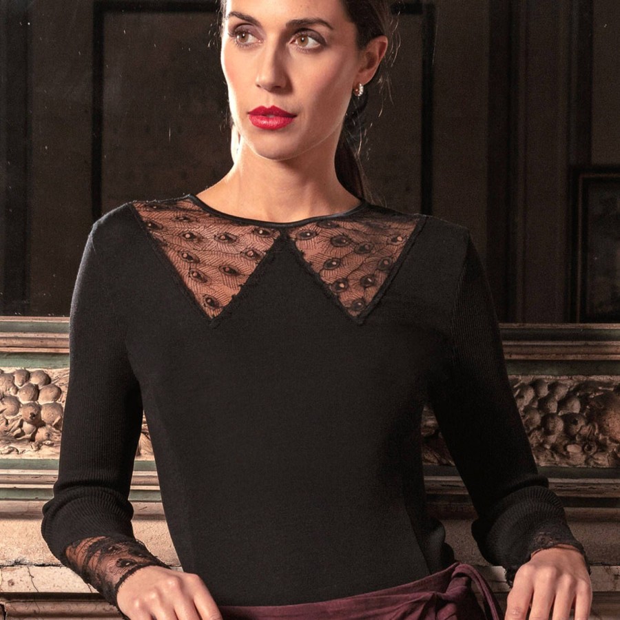 Lingerie De Nuit Oscalito | Pull Col Rond En Laine Merinos Et Soie Noir