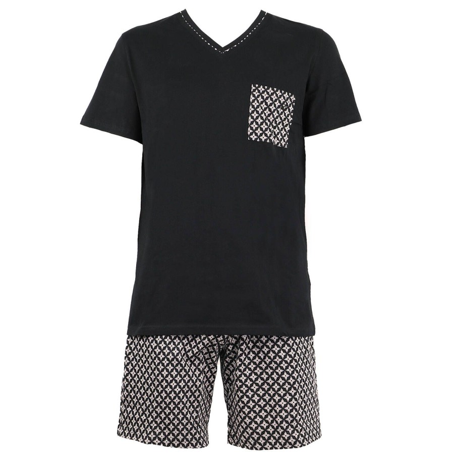 Homme HOM Pyjama Homme | Pyjama Short Homme En Coton Noir Print