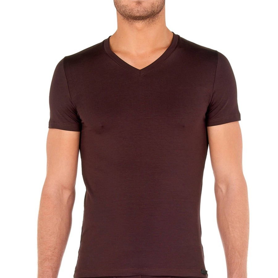 Homme HOM T-Shirt Et Debardeur Homme | T-Shirt Col V Homme Bordeaux