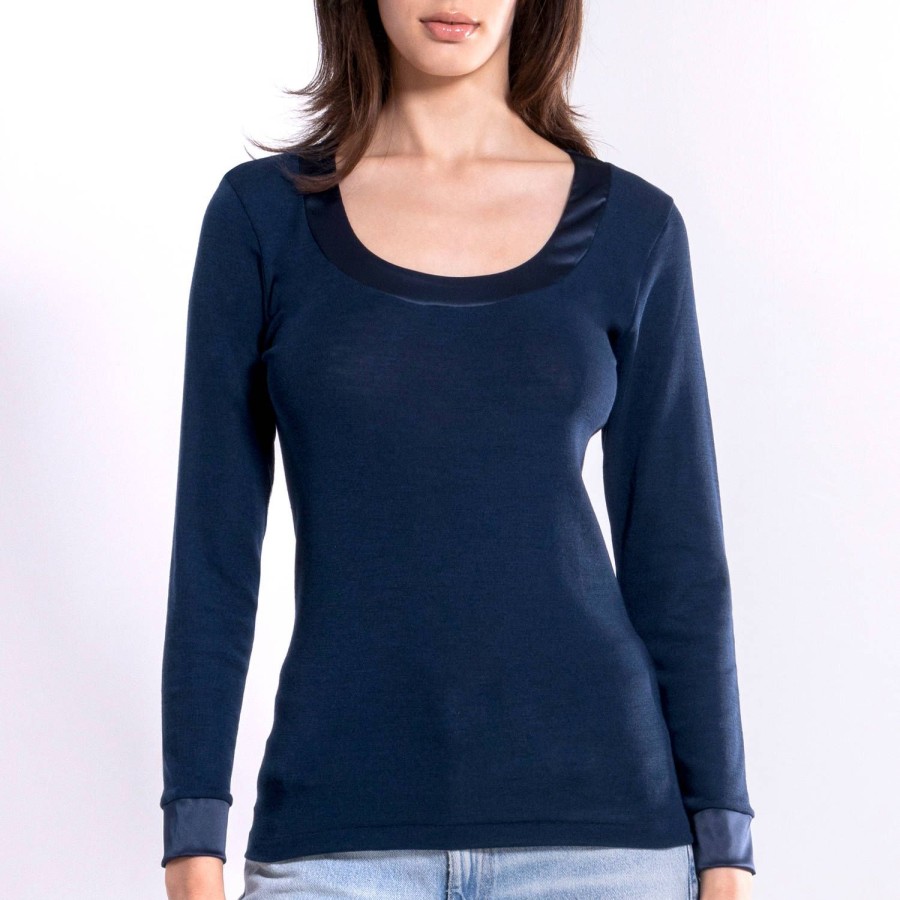 Lingerie De Nuit Oscalito | Pull Col Rond En Laine Et Soie Blue