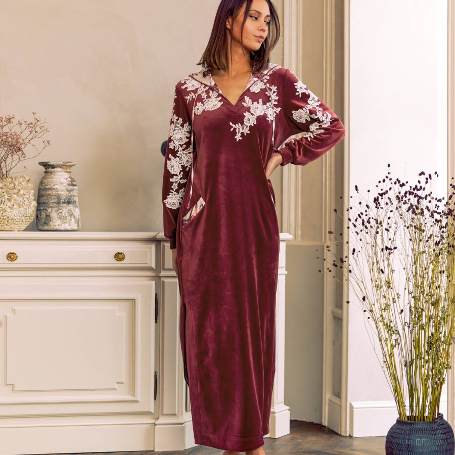 Lingerie De Nuit Marjolaine | Robe De Chambre En Velours Bourgogne/Ivoire