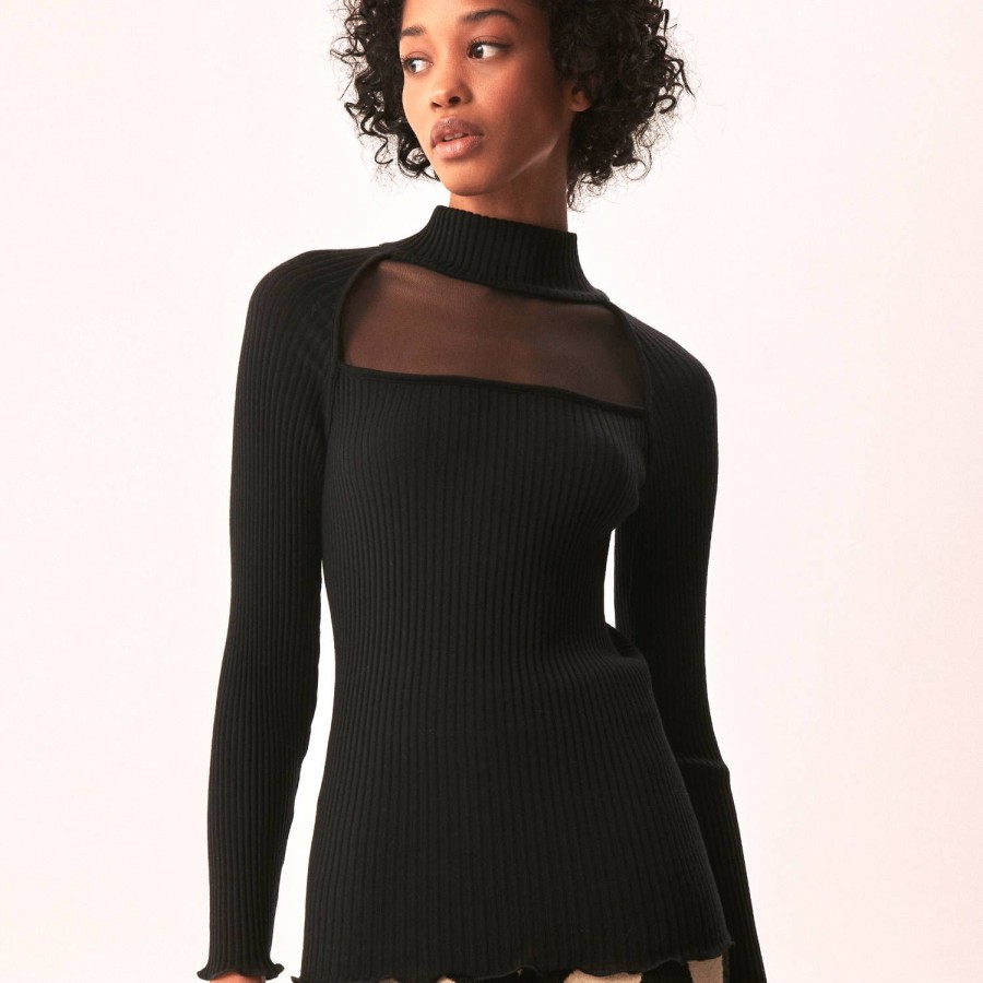 Lingerie De Nuit Oscalito | Pull Col Cheminee En Laine Et Soie Noir