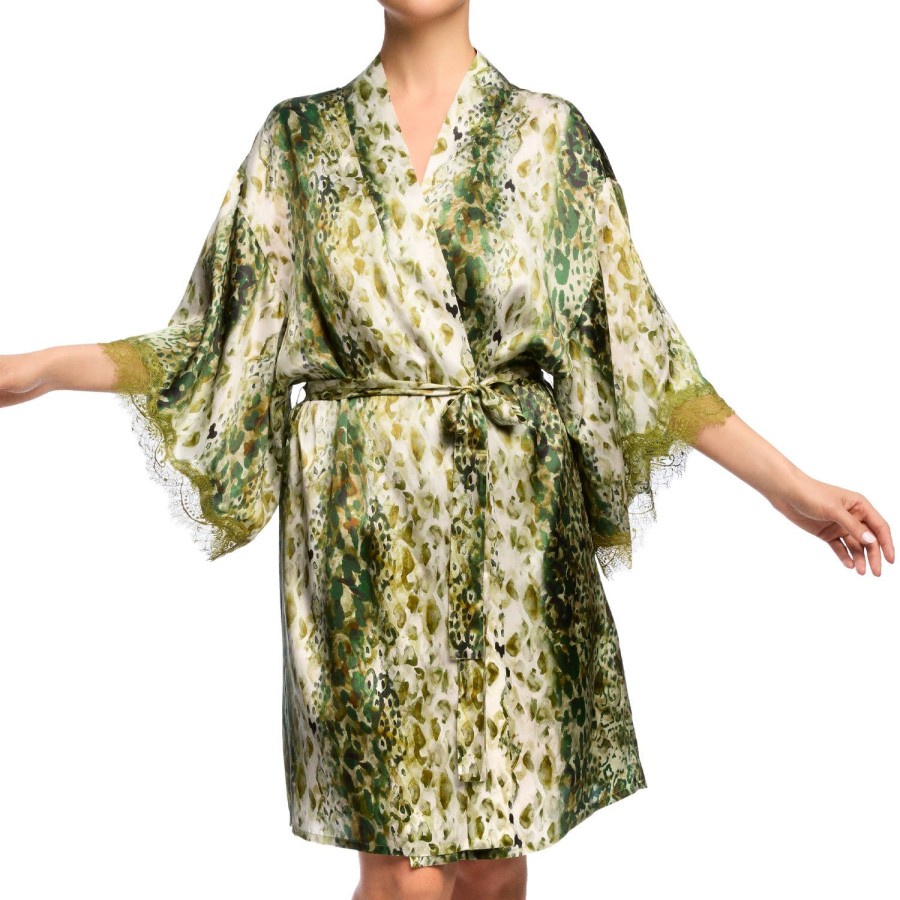 Lingerie De Nuit Sainted Sisters | Kimono En Soie Exotic Safari Green