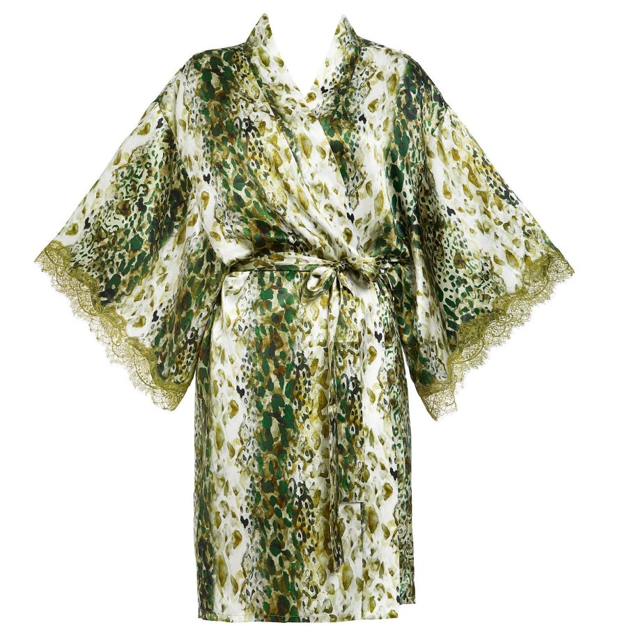 Lingerie De Nuit Sainted Sisters | Kimono En Soie Exotic Safari Green