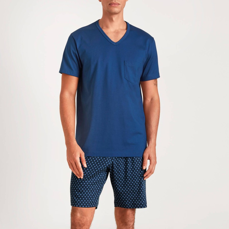 Homme Calida Pyjama Homme | Pyjama Short Col V Homme En Coton Solidate Blue