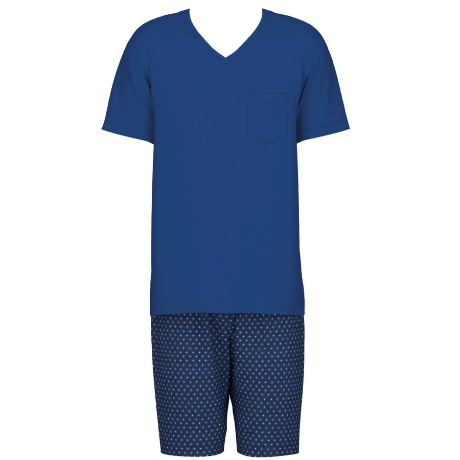 Homme Calida Pyjama Homme | Pyjama Short Col V Homme En Coton Solidate Blue